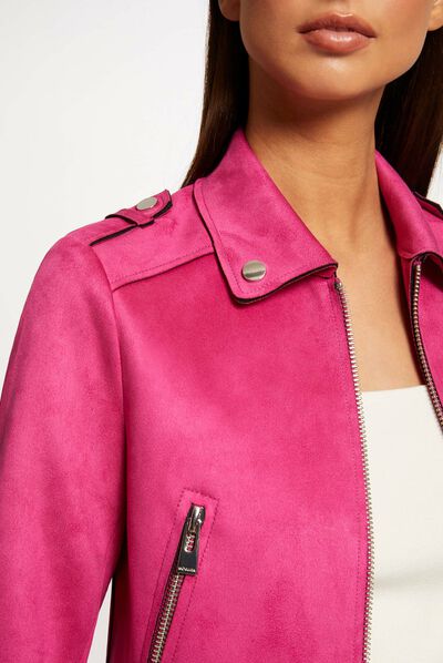 Blouson droit aspect suédine framboise femme