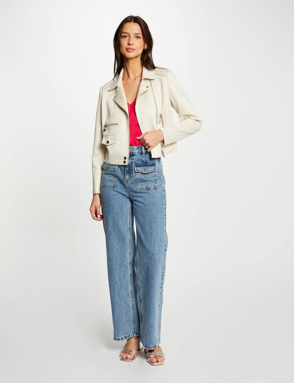 Blouson court zipp&eacute; su&eacute;dine ecru femme