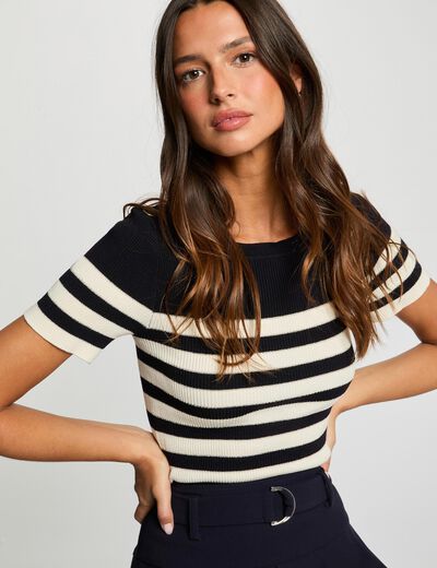 Pull col rond &agrave; rayures bleu marine femme