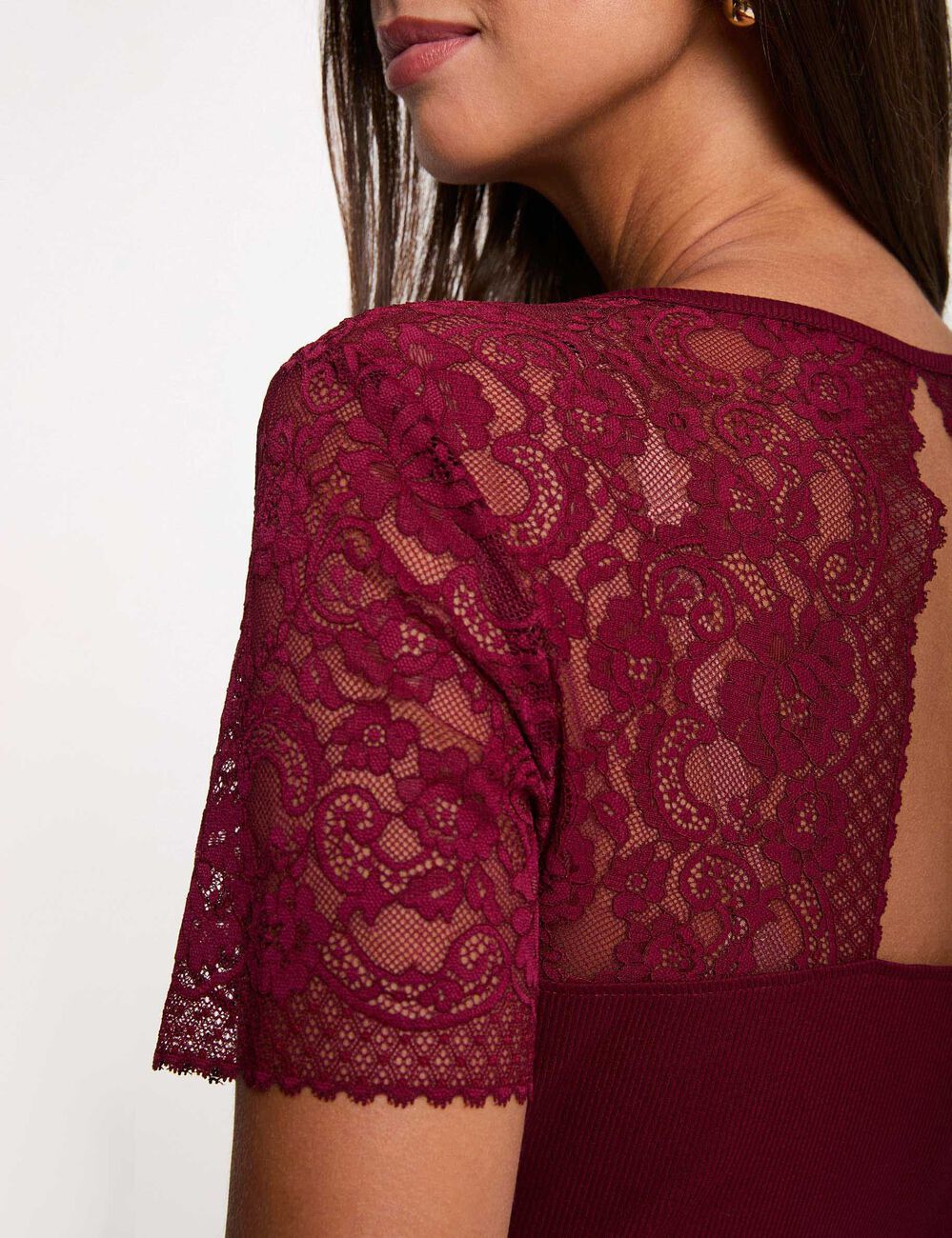 Kant T-shirt met V-hals bordeaux vrouw