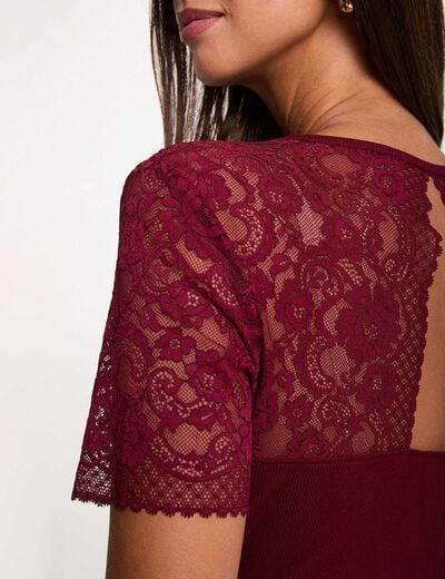 Kant T-shirt met V-hals bordeaux vrouw