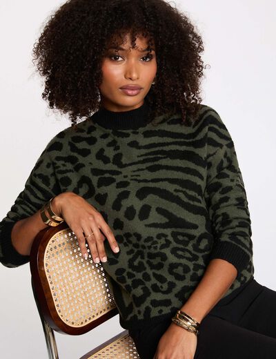 Pull court jacquard vert kaki femme