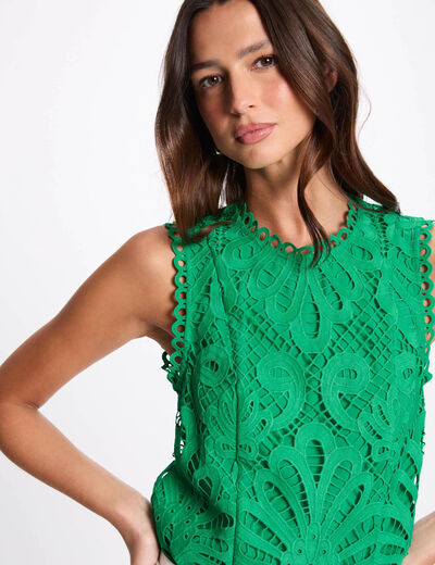 Mouwloze kanten top met print emerald groen vrouw