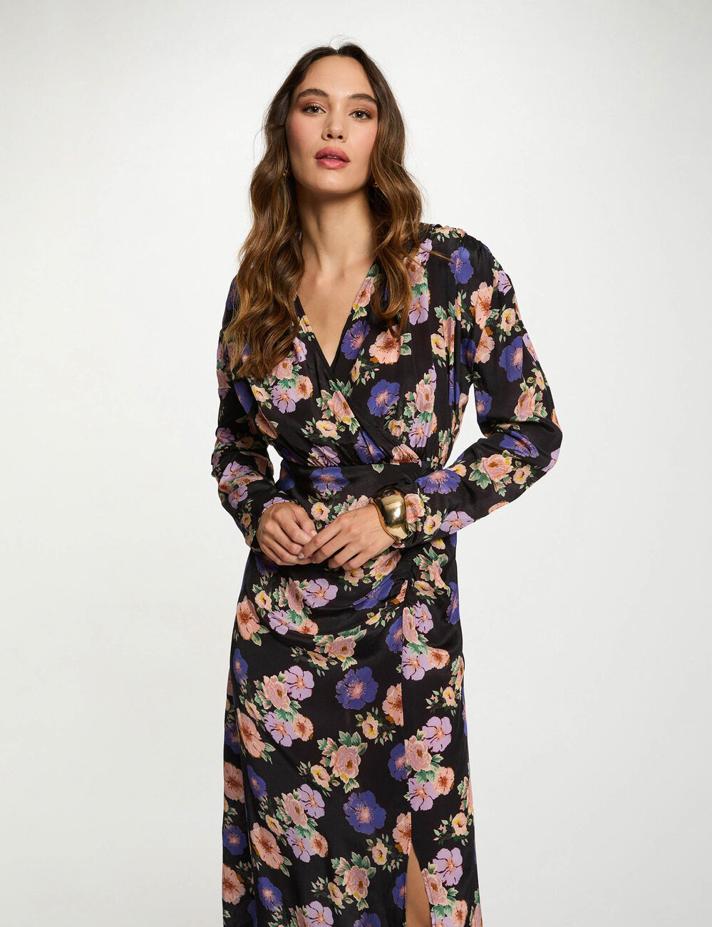 Robe longue satinée multicolore femme