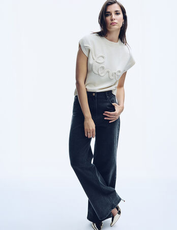 High-waist wijde broek denim zwart vrouw