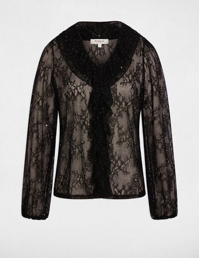 Kant T-shirt met V-hals zwart vrouw