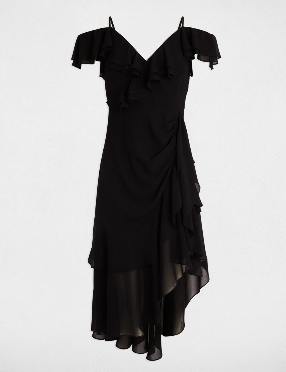 Rechte midi-jurk met ruches marineblauw vrouw