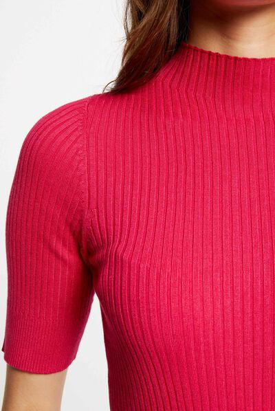 Pull col montant manches courtes rose moyen femme