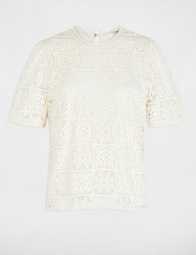 T-shirt dentelle col montant ivoire femme