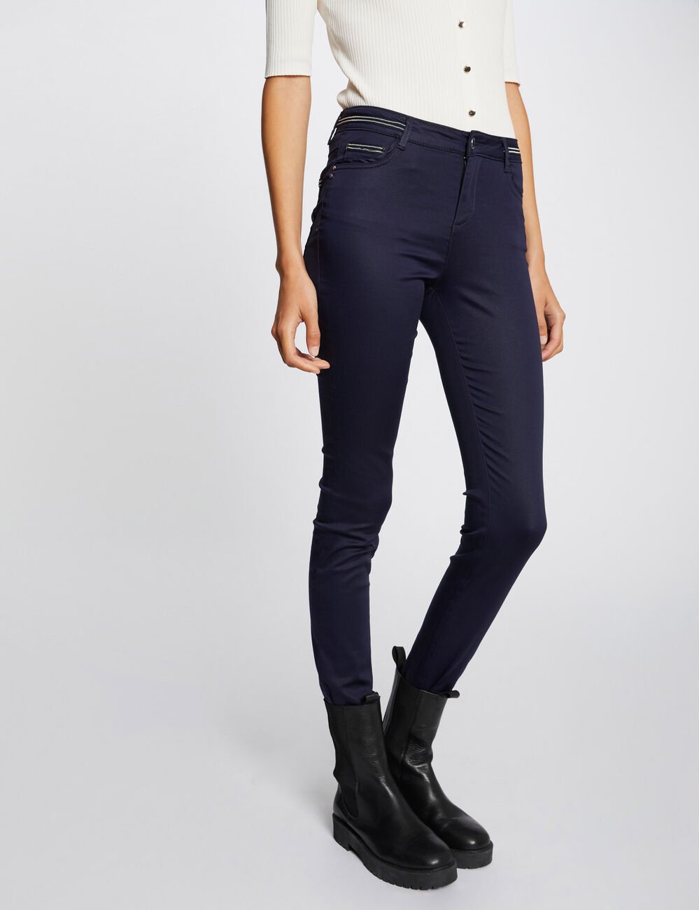 Pantalon slim enduit bleu marine femme
