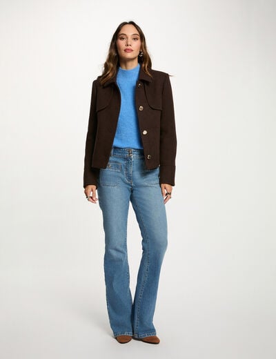 Manteau court boutonné marron foncé femme