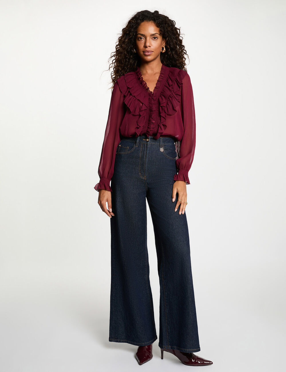 Vloeiende blouse met V-hals bordeaux vrouw
