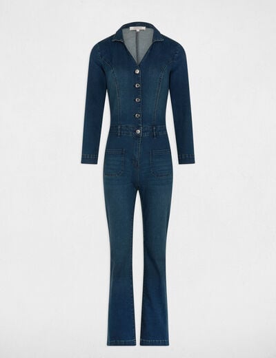 Lange wijde denim jumpsuit ruw denim vrouw