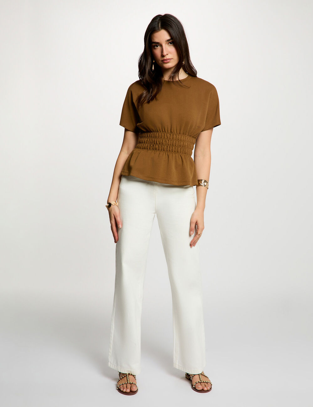 T-shirt droit col rond camel femme