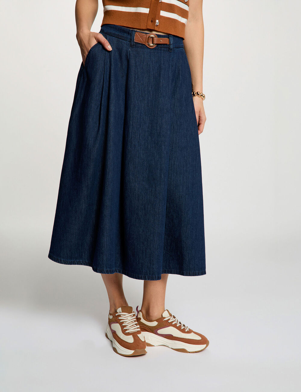 Lange uitlopende rok ruw denim vrouw