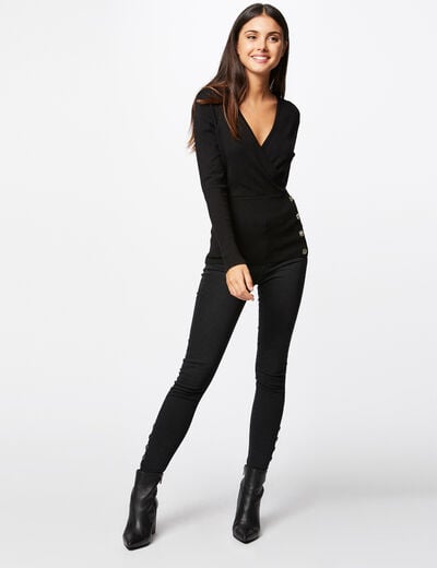 Pull manches longues &agrave; col effet crois&eacute; noir femme