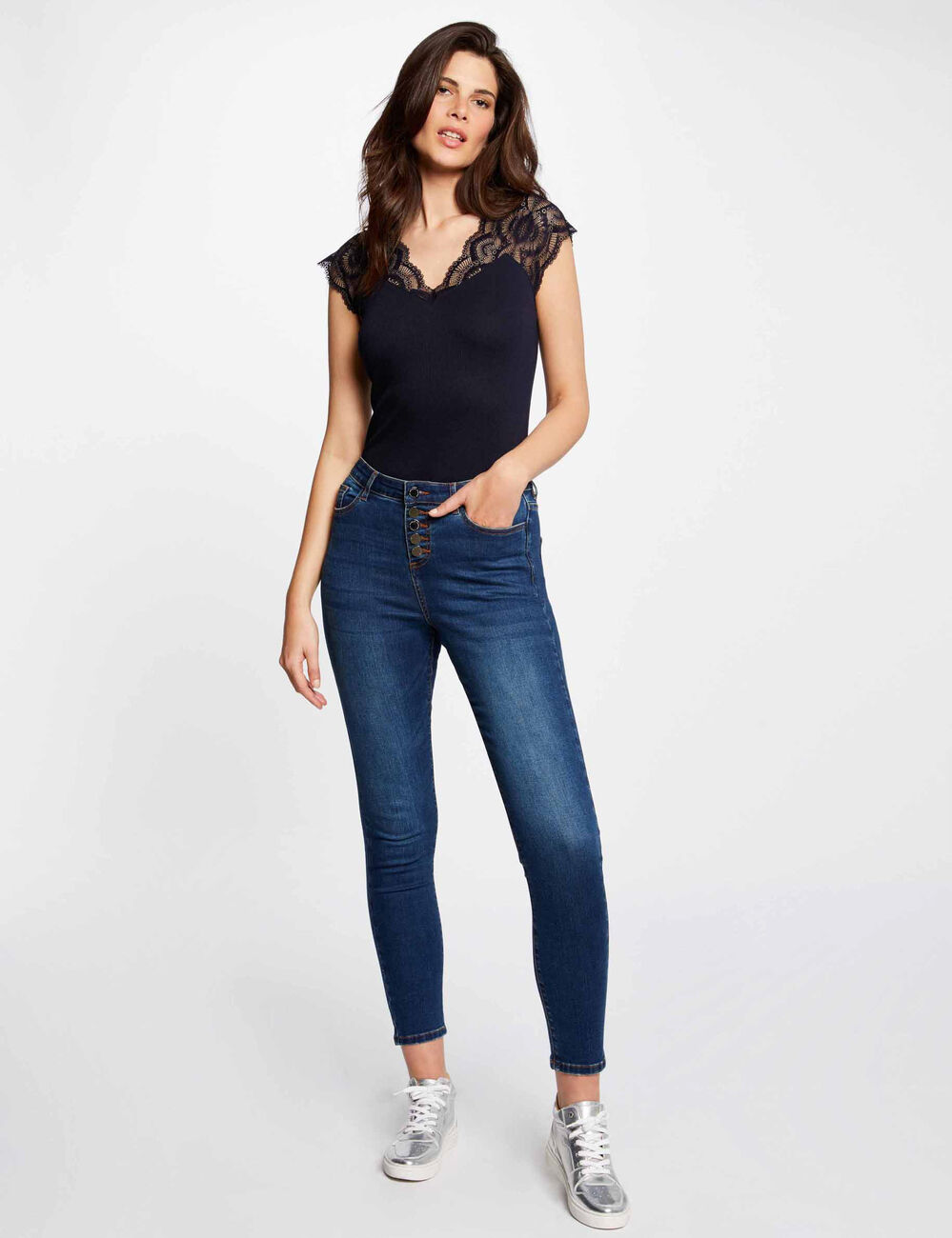 T-shirt manches courtes à dentelle marine femme