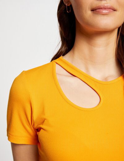 T-shirt korte geribbelde mouwen oranje vrouw