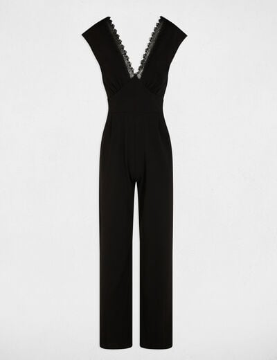 Kant jumpsuit met V-hals zwart vrouw