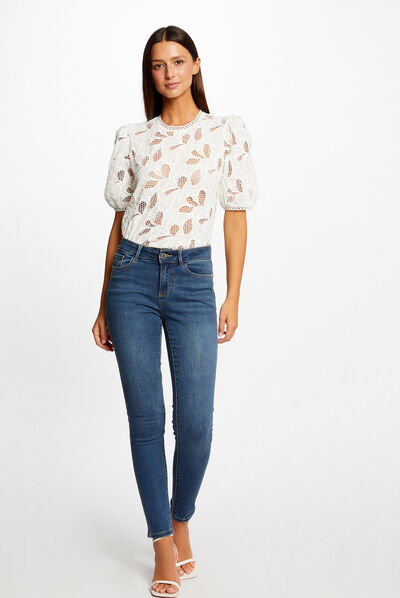Smalle jeans met metallic biezen jean stone vrouw