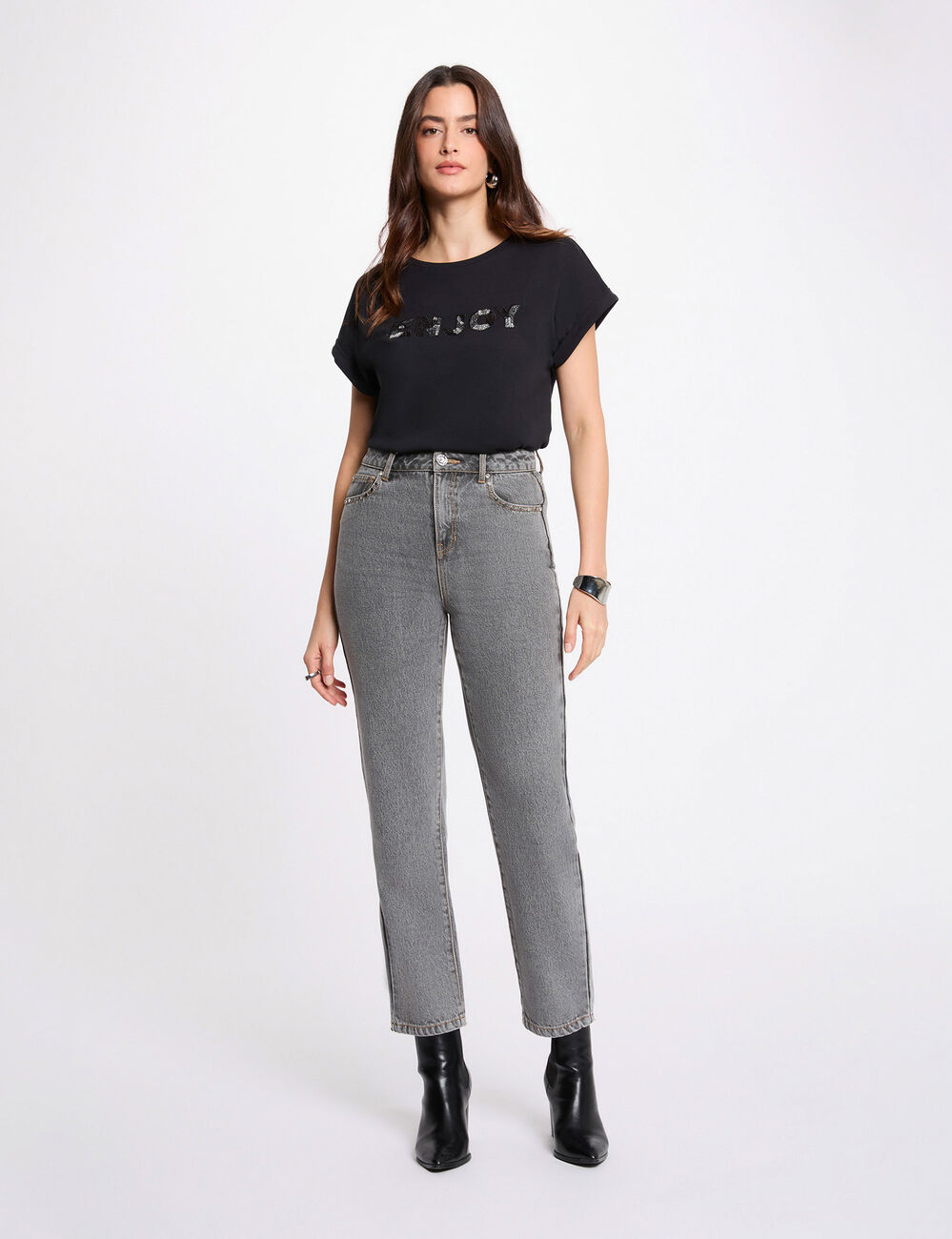 T-shirt met geborduurde mouwen zwart vrouw