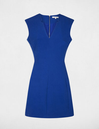 Korte rechte jurk met V-hals bleu electrique vrouw
