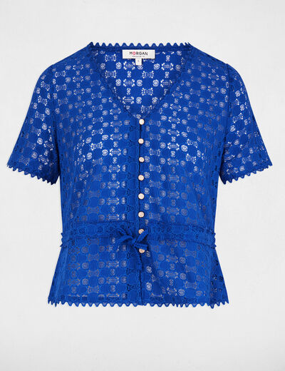 T-shirt manches courtes en dentelle bleu electrique femme