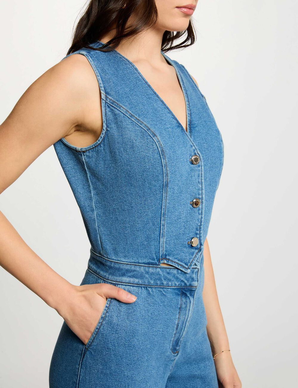 Combinaison ajust&eacute;e col v denim double stone femme