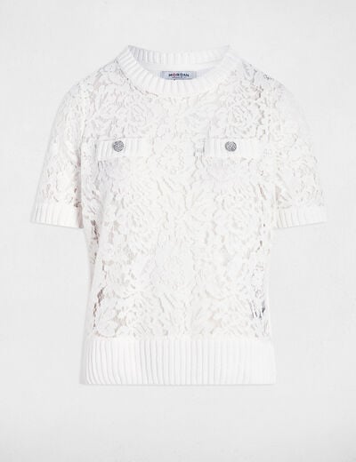 Pull manches courtes dentelle blanc femme