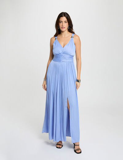 Robe longue col v bleu femme