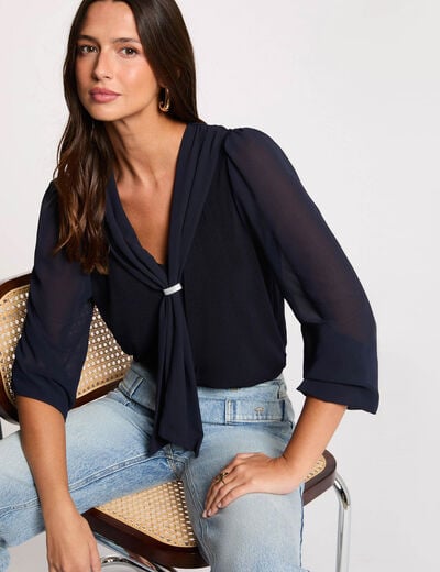 T-shirt met lavalli&egrave;rekraag marineblauw vrouw