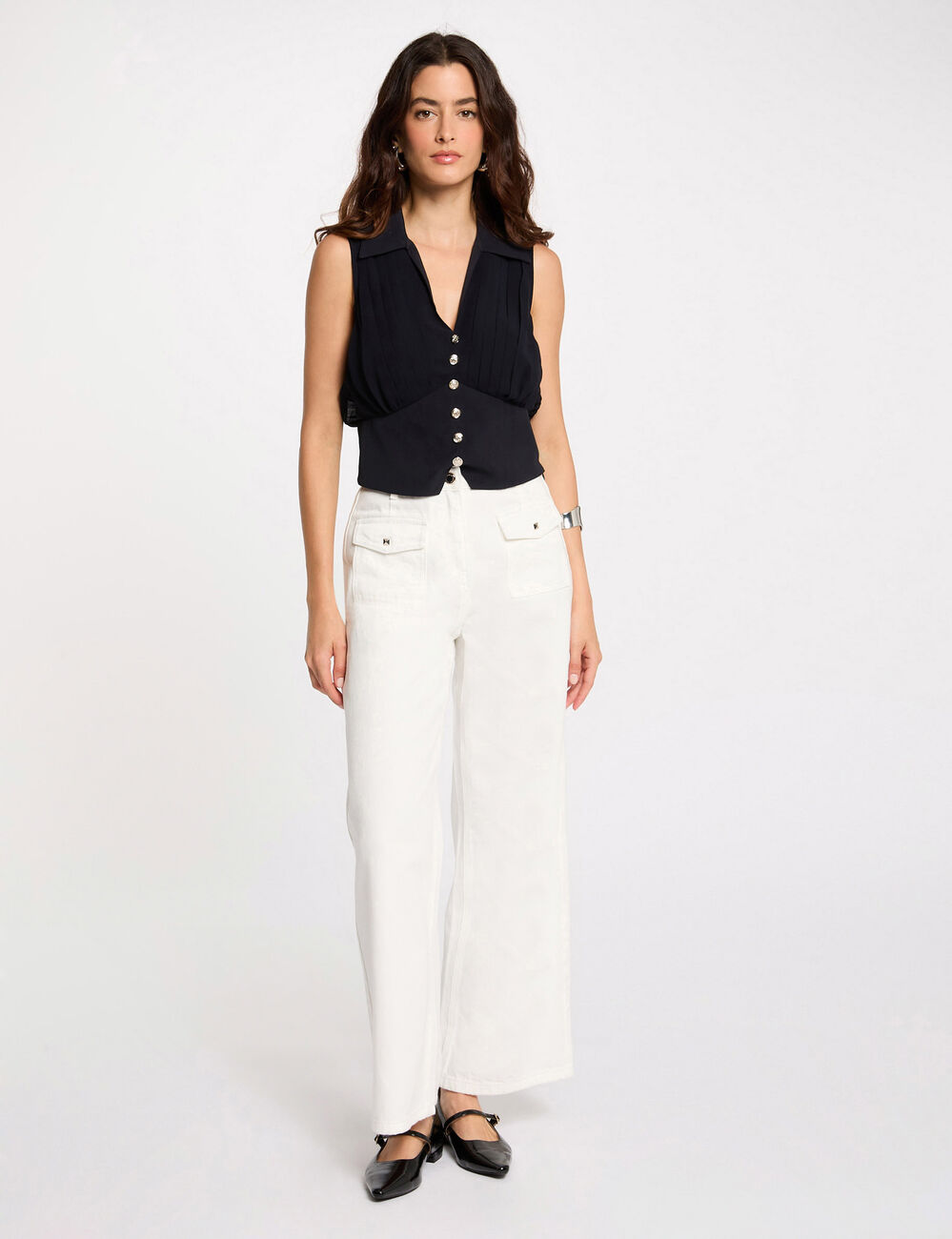Mouwloze top met plooien marineblauw vrouw