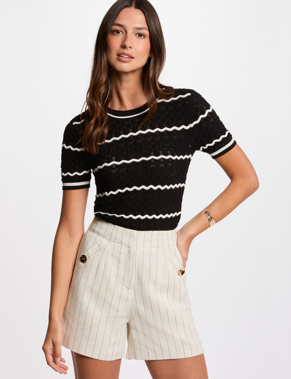 Gestreepte shorts met hoge taille beige vrouw