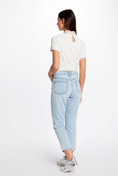 T-shirt manches courtes à dentelle ecru femme
