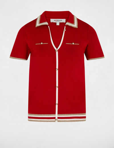 Pull col polo manches courtes rouge femme