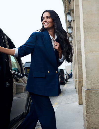 Blazer droit &agrave; carreaux bleu marine femme
