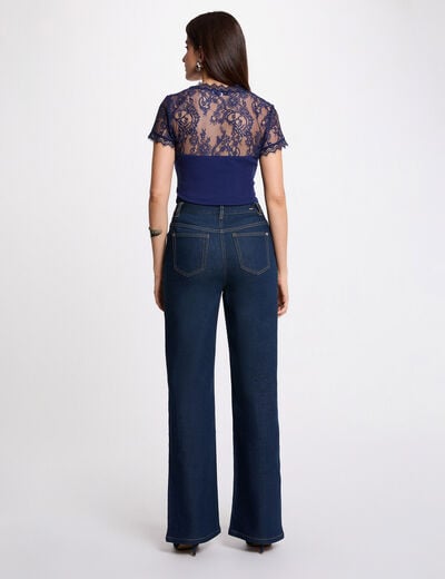 T-shirt manches courtes &agrave; dentelle bleu marine femme