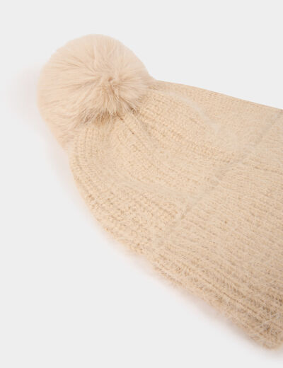 Bonnet pompon beige femme