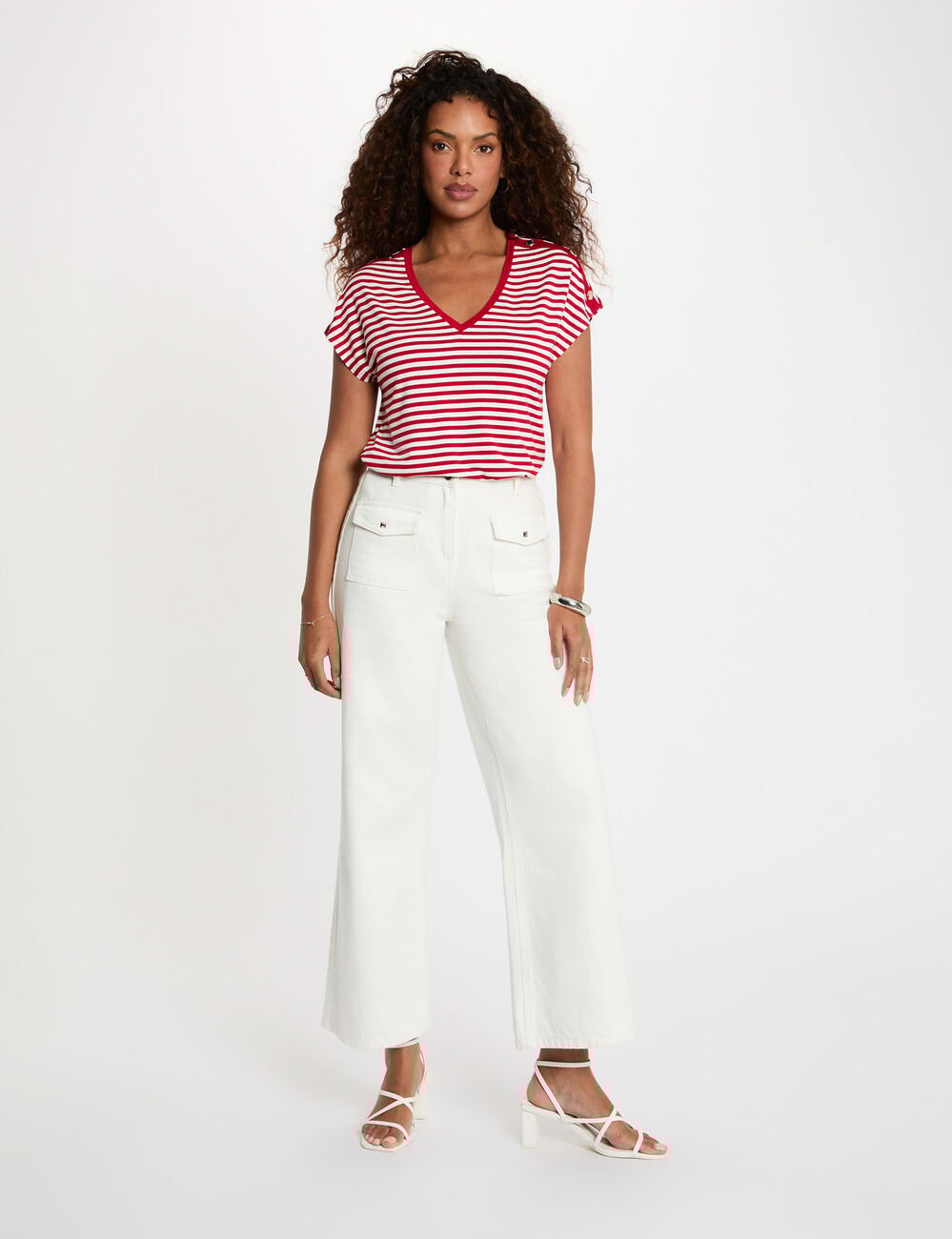 Gestreept V-hals T-shirt helder wit vrouw