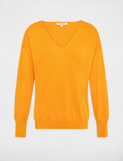 Pull col en V manches longues orange femme