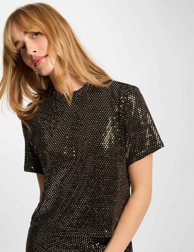 T-shirt met pailletten en hoge kraag goudgeel vrouw