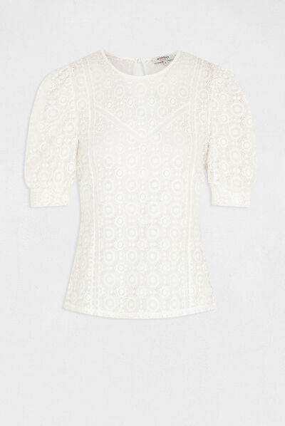 T-shirt manches courtes en dentelle ecru femme
