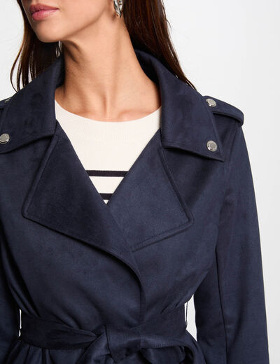 Suède lange jas met riem marineblauw vrouw
