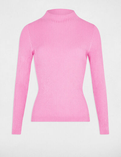 Pull col montant côtelé rose femme