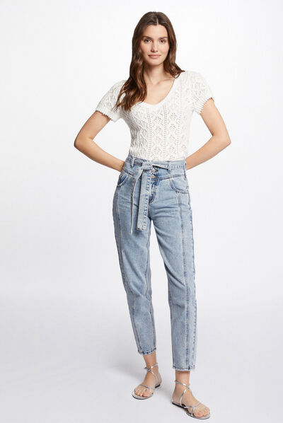 Normale 7/8e jeans met riem jean bleached vrouw