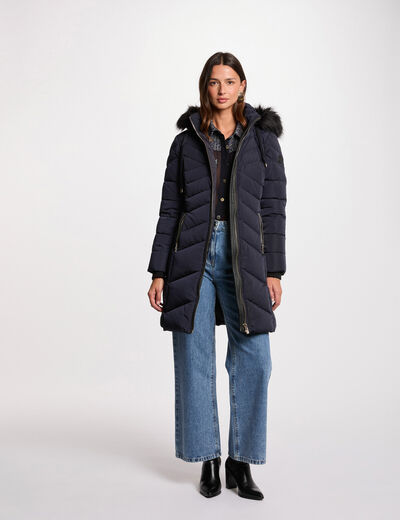 Doudoune longue à capuche bleu marine femme