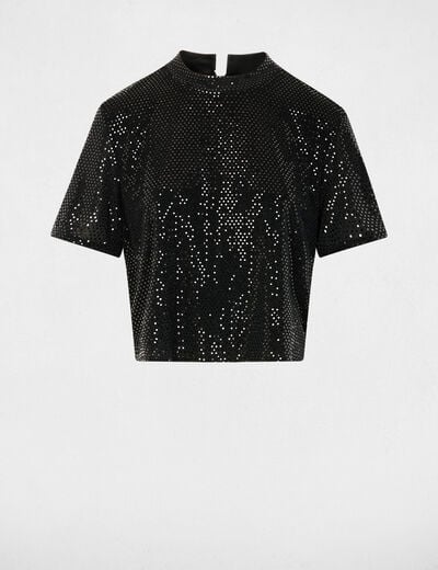 T-shirt sequins col montant noir femme