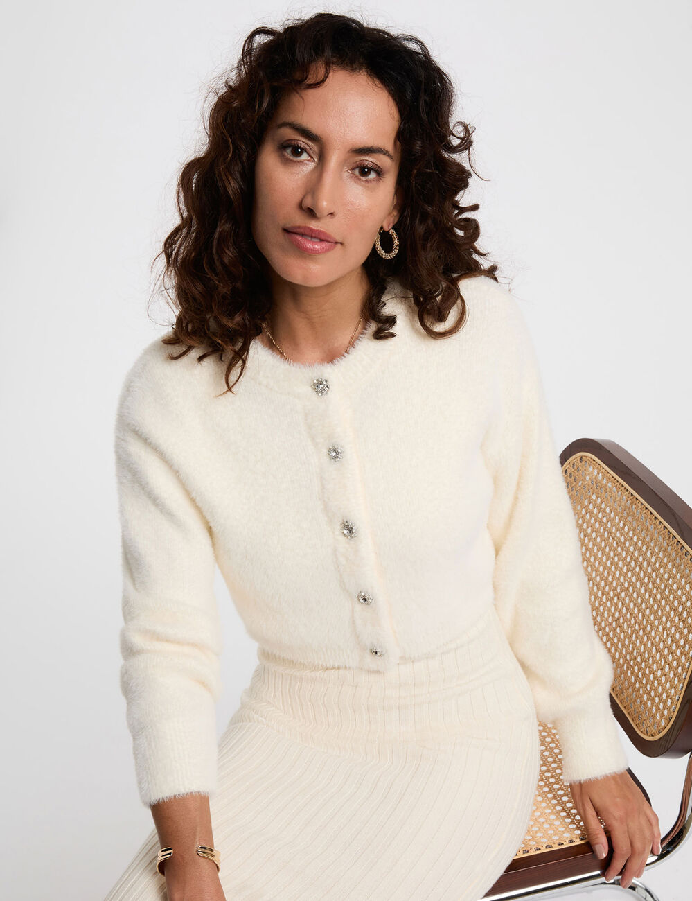 Robe tricot cintr&eacute;e ivoire femme