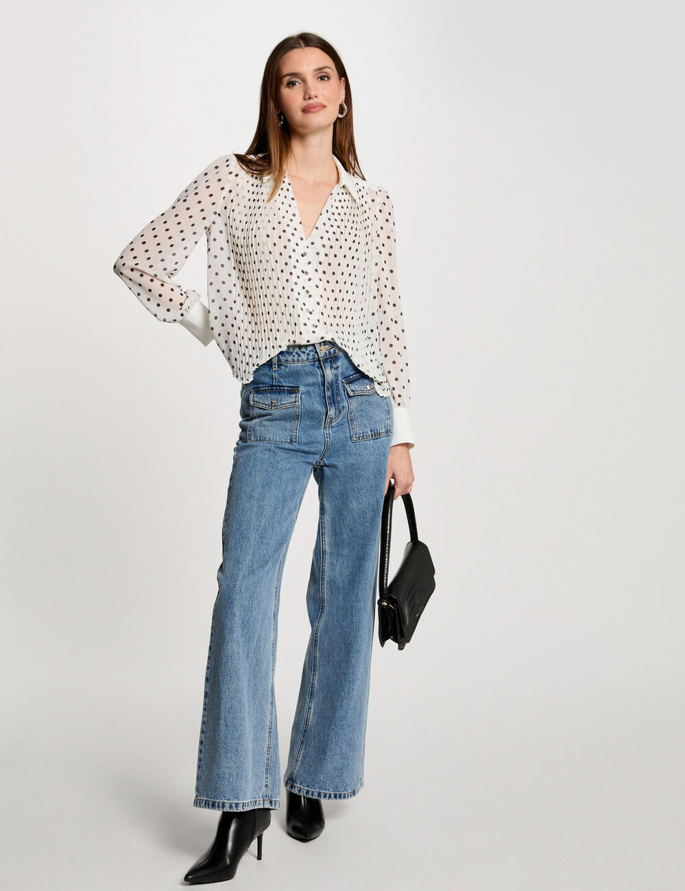 Lange mouwen blouse met stippen helder wit vrouw