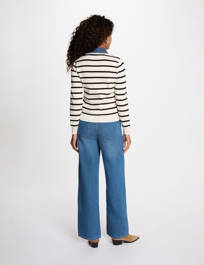 Pull ray&eacute; col &agrave; revers ivoire femme